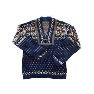 VTG Hand Knit Sweater Womens Blue Lusekofte Nordic Chunky Pewter Clasps V Neck